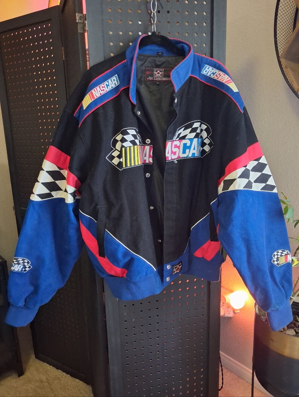 VINTAGE Nascar Black, Blue & Red Racing Bomber Jacket